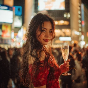 A young woman with long flowing hair and a bright red dress, sta...