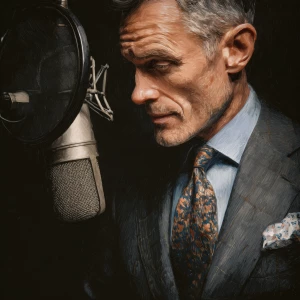 Generate an image of a sophisticated, mature British man exuding...