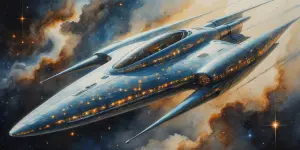 A shimmering ethereal spacecraft, lost in the cosmic tides of ti...
