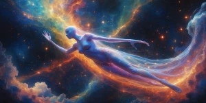 Amidst a cosmic dreamscape, an otherworldly being glides through...