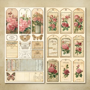 Print-ready vintage ephemera sheet with a coordinated set of sha...