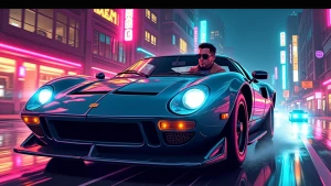 stylish character driving a sports car through neon-lit city str...