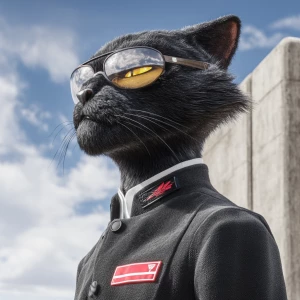 A humanoid cat character with a sleek black fur coat, wearing a...