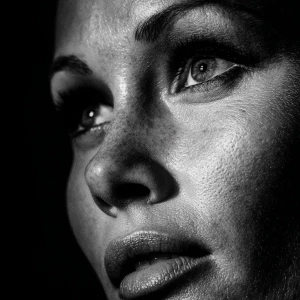 Ultra realistic big close-up portrait of Ursula Andress, black a...