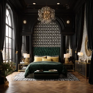 Ultra-realistic photograph of an Art Deco glamorous bedroom, ful...