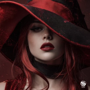 Create an image of a trendy and fashionable red witch with a uni...