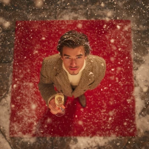 A man standing on a vibrant red square, holding a sparkling glas...
