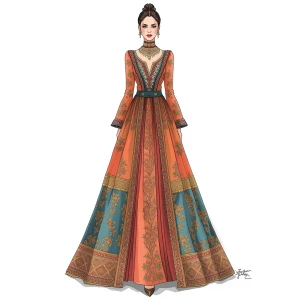 Generate a fashion sketch depicting a model showcasing an elegan...