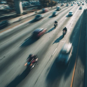 Motorcycle chase scene busy freeway drone shot