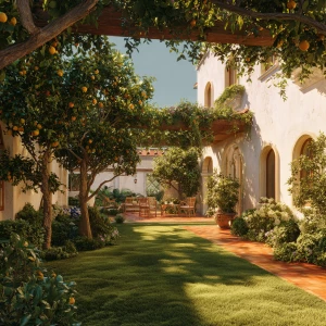 Create an image featuring a Mediterranean-inspired courtyard wit...