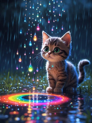 Colorful glowing rainbow puddles forming where tears fall, magic...