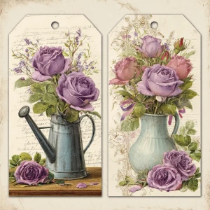 Victorian Mauve Rose Garden Tags – 2 Large Tags (Watering Can &...