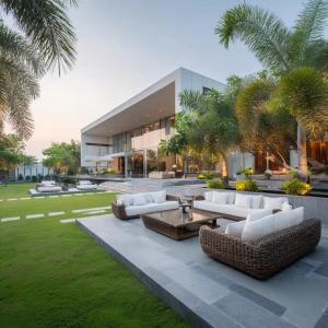 Capture a high-end modern villa's lush lawn with a wide-angle vi...