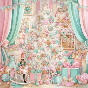 A detailed watercolor illustration of a whimsical pastel Christm...