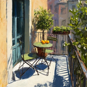 Create an image of an Italian balcony featuring a wrought iron r...