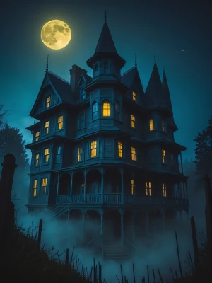 A low-angle, ultra-wide shot of the Winchester Mystery House und...