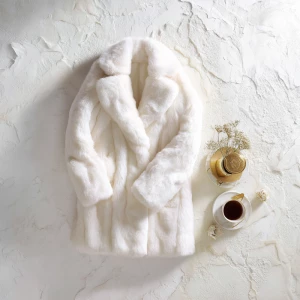 Create a Fluffy white faux fur coat with oversized lapels, soft...
