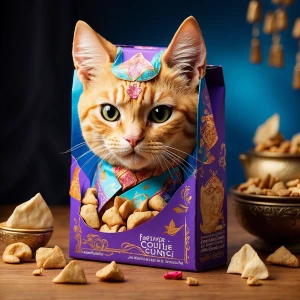Create a vibrant cereal box for "Fortune Cookie Crunch" featurin...