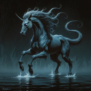 A menacingly elegant stygian kelpie, its sinewy form exudes an o...