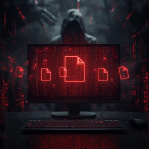 “Futuristic computer screen with corrupted files flickering, red...