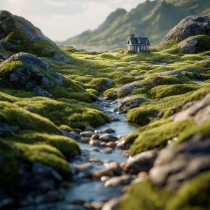 A landscape looks like spun wool, a house in the middle of green...