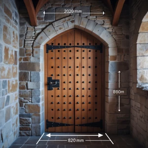 Generate a high-resolution image of a medieval wooden castle doo...