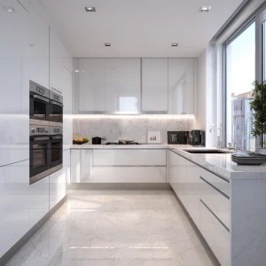 Create an image of an ultra-modern kitchen with all-white cabine...