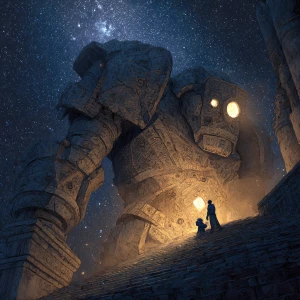 Concept art. A colossal stone golem, intricately carved with anc...