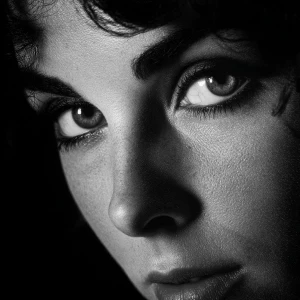 Ultra realistic big close-up portrait of Elizabeth Taylor, black...
