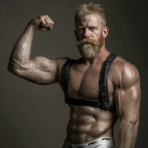 The image depicts a very hairy muscular, ginger bearded man posi...