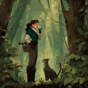 A dark green forest with tall trees, where a brunette woman with...