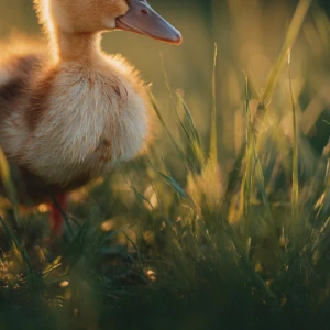 A baby duck waddles gently through soft green grass in warm morn...