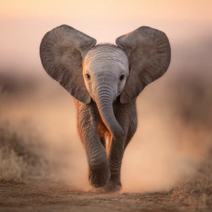 A baby African elephant named Ember, looking toward the camera w...