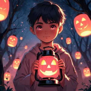 a boy holding alantern’s flame turned rose-pink, it should be no...