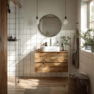 Create an image of a compact Nordic bathroom featuring a pine wo...