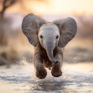 A young African elephant calf named Ember joyfully splashing thr...