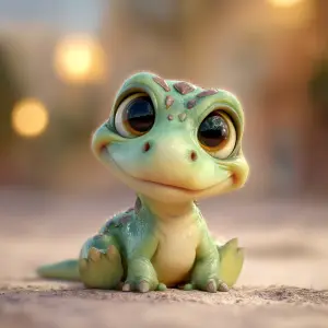 Adorable baby dinosaur, chubby and small, oversized head, big gl...