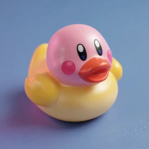 A cute pink and yellow rubber duck resembling kirby