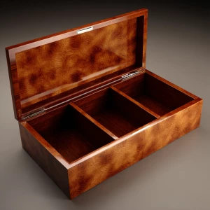 Create an image of a sturdy wooden box with three equally sized...