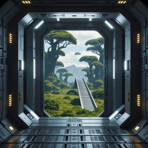 I want an image of a rectangular metallic spaceship exit door 20...