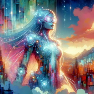 In the vibrant world of a gouache painting, a tech-savvy virtual...