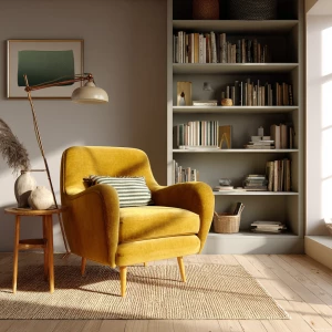 Create a cozy Scandinavian reading corner featuring a velvet arm...