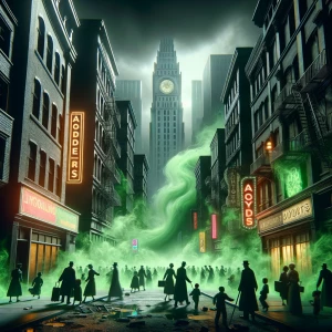 Vintage retro 2D comic style — Gotham City in total chaos, green...