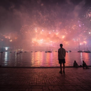 A man looking in the camera standing on a crowded Sydney Harbour...