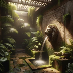 Create an image of a grand shower oasis hidden inside an ancient...