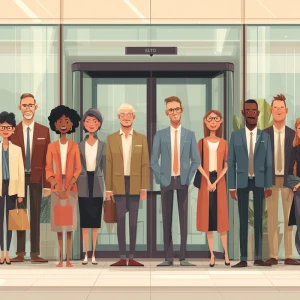 Capture a scene where 10 diverse employees are standing confiden...