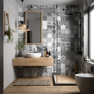 Generate a realistic image of a full small bathroom interior fea...