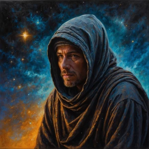 A wandering galactic nomad, his rugged features reflecting the h...