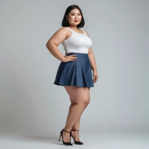 Create a image of asian curvy girl with short skirt and heels