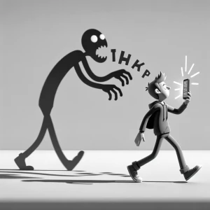 is plain and grayscale. As the character walks, the shadow behin...